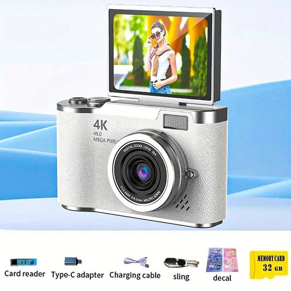 NEW 4k Flip Screen Digital Camera 48MP Video Camcorder White 1080P w Memory Card - Picture 2 of 3